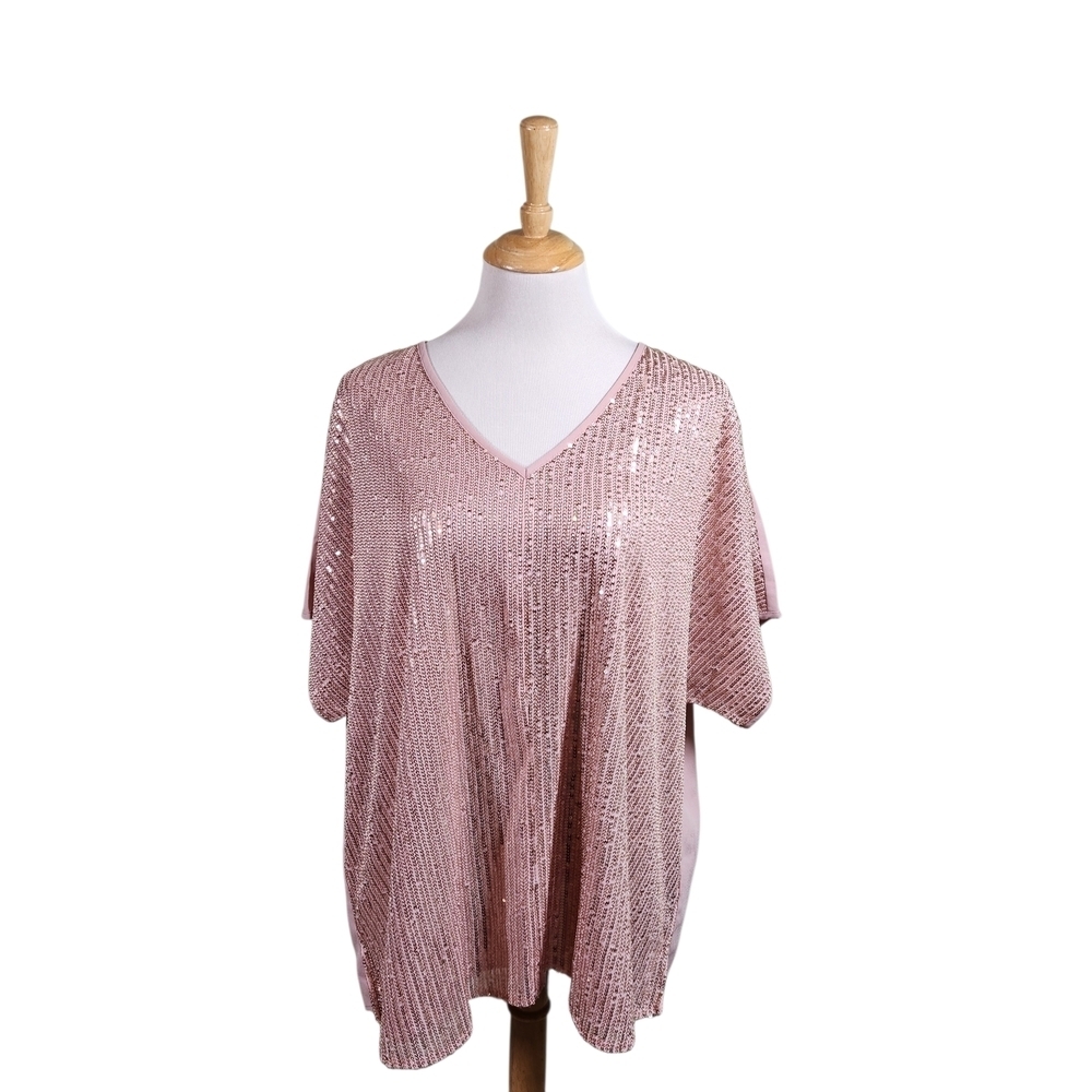 NWT Savanna Jane Sequin  Light Pink V Neck Boho Top Blouse Size 3X Lined Shimmer